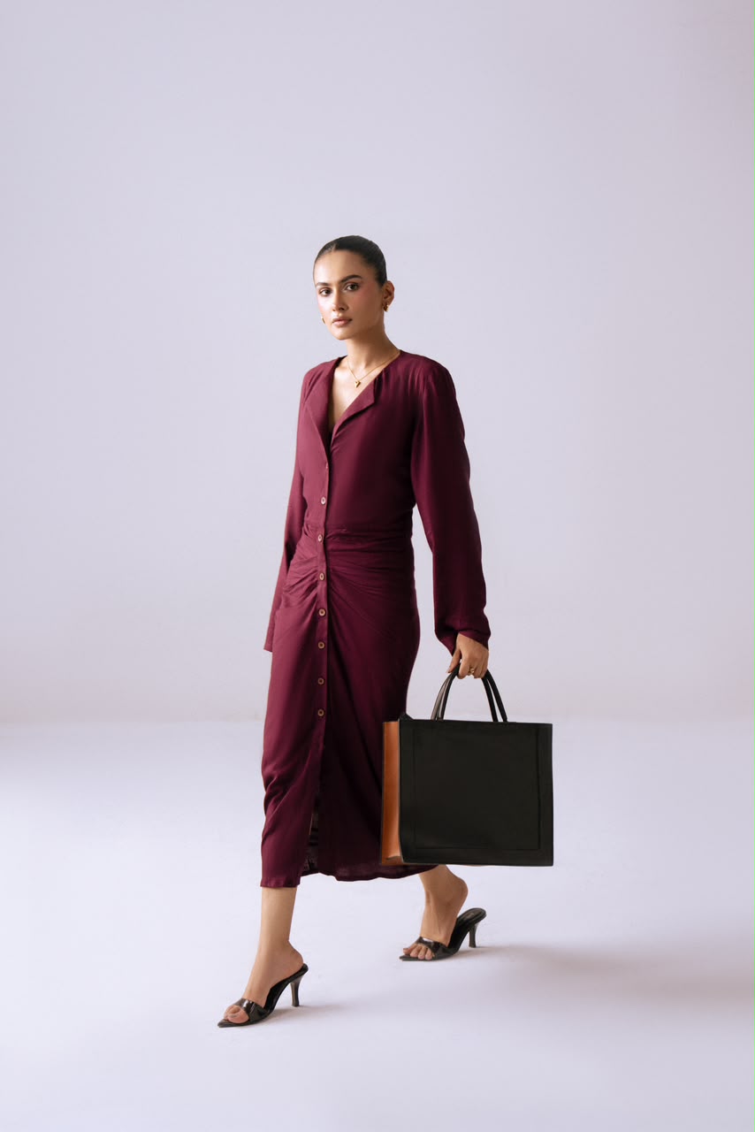 The After Hours Dress - full length walking with bag