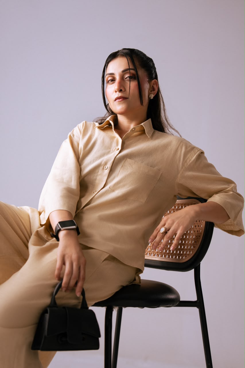 The Slow Season Shirt & Easy Escape Trousers – front seated view